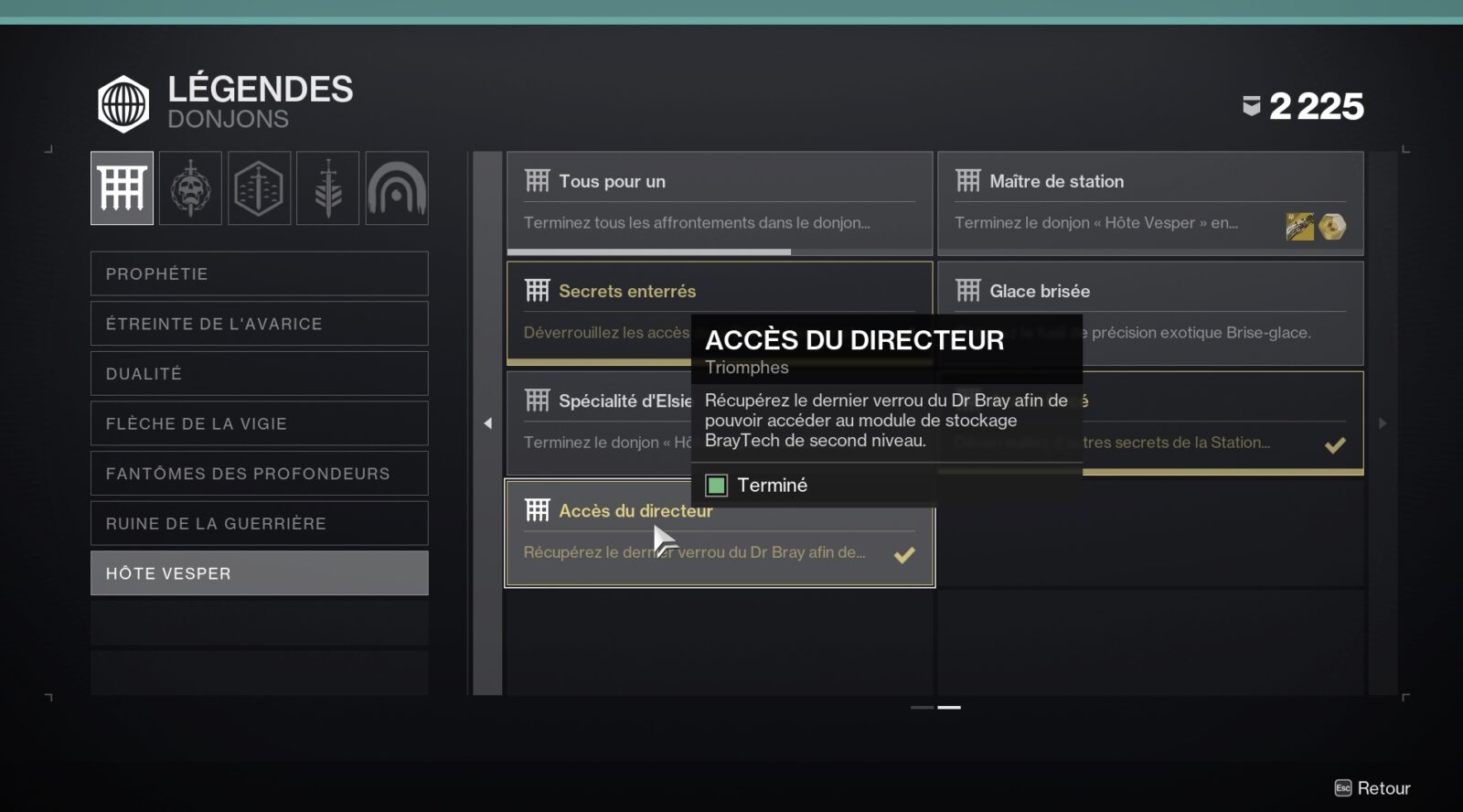 Destiny 2 – Hôte Vesper : Guide des Triomphes Accès forcé et Accès du Directeur (Salle secrète et concentration d'équipements)