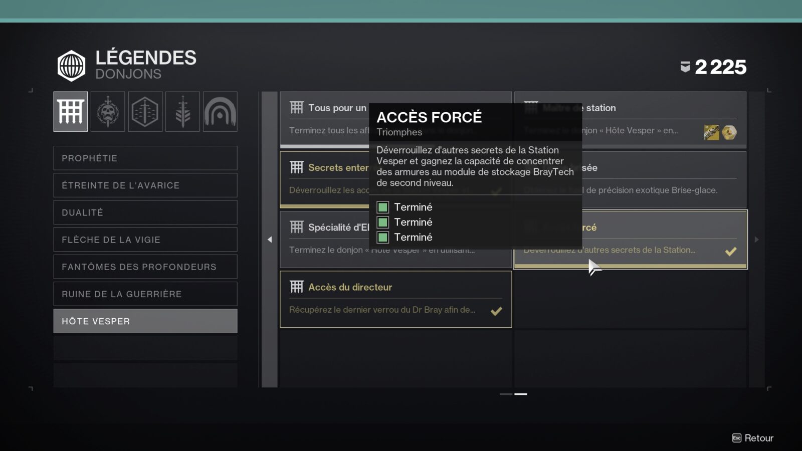 Destiny 2 – Hôte Vesper : Guide des Triomphes Accès forcé et Accès du Directeur (Salle secrète et concentration d'équipements)